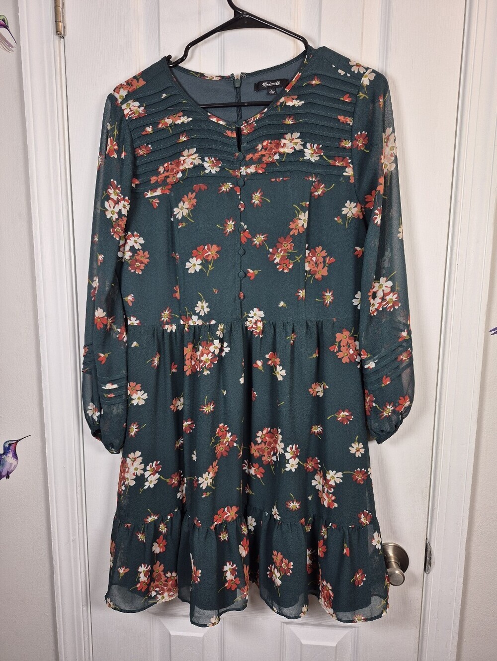 Madewell Spruce Blooms Pintuck Dress Teal Floral Sheer Sleeve XS